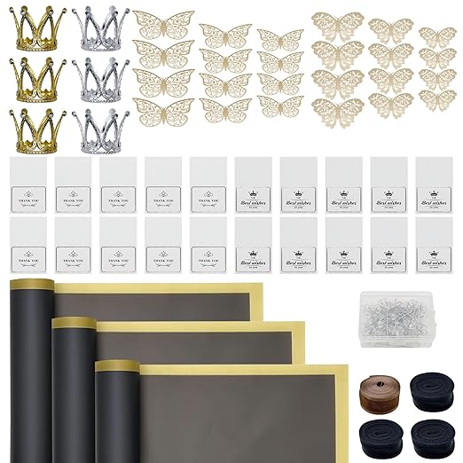 Woohome 152 PCS Flower Bouquet Wrapping Paper Floral Wrap Sheets Gift Packaging Paper with 3D Butterflies Diamond Pins Ribbons for Wedding Valentines Florist Supplies, Black