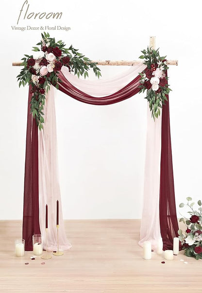 Floroom Arch Flowers with Drapes Kit (Pack of 4) - 2pcs Artificial Burgundy & Blush Floral Swag Arrangement with 2pcs Draping Fabric for Wedding Ceremony Arbor and Reception Backdrop Decoration