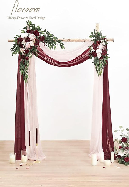 Floroom Arch Flowers with Drapes Kit (Pack of 4) - 2pcs Artificial Burgundy & Blush Floral Swag Arrangement with 2pcs Draping Fabric for Wedding Ceremony Arbor and Reception Backdrop Decoration