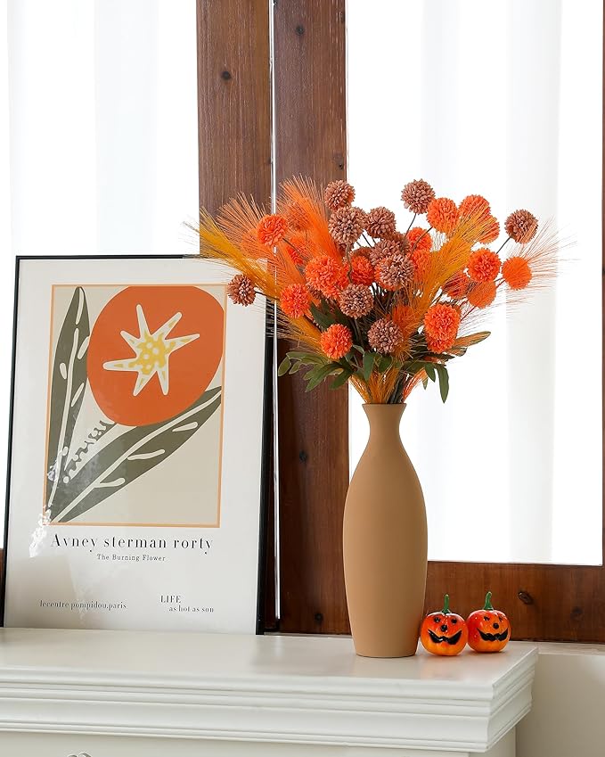 Faux Fall Flowers Artificial Mums 10 Stems +10 Branches Pampas Grass,Long Stems Silk Flowers Autumn Home Decor,Fake Floral Pompon For Table Vase Filler,Halloween Centerpieces,Wedding Arrangements