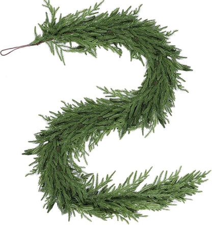 6 Ft Christmas Norfolk Pine Garland Real Touch Artificial Faux Greenery Christmas Garland Decorations for Home Mantle Table Stairs Fireplace Door Indoor Outdoor Holiday Decor