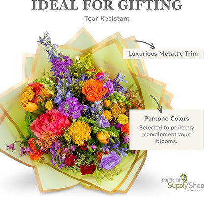 the florist Supply 20 Sheets Premium Flower Wrapping Paper | Waterproof Flower Wrapping Paper for Bouquets | Double Sided Floral Bouquet Sheets | DIY Gifts Borderline Green/Gold
