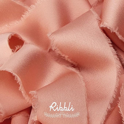 Ribbli Rose Gold Silk Satin Ribbon 1.5 Inch x 12 Yard Handmade Frayed Chiffon Ribbon with Wooden Spool for Gift Wrapping, Wedding Invitations, Bridal Bouquets, Home Decor