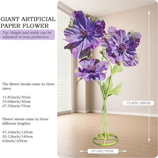 Large Flowers Artificial Decorations, Giant Paper Flowers Decoration Big Flower Decor for Birthday Party Garden Office Home Wedding Graduation Shop Window Display 3pc (Purple)