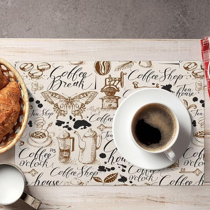 Coffee Theme Linen Placemats Set of 4 Vintage Coffee Cup Table Mats Heat Resistant Place Mats for Home Party Kitchen Dining Decoration 12x18 Inch