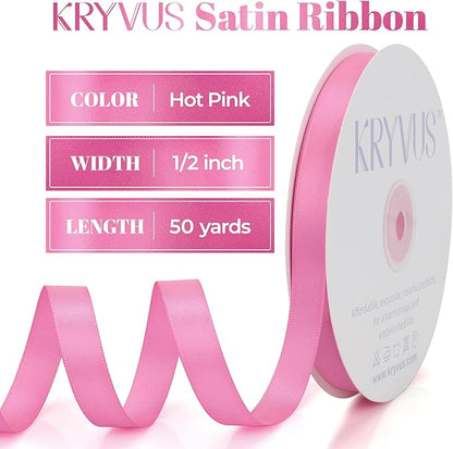 Hot Pink Satin Ribbon, Double Faced 1/2 Inch X 50 Yards Hot Pink Ribbon, Premium Satin Ribbon for Gift Wrapping, Crafts, Hair Bow Making, Sewing, Flower Bouquet, Wedding Party Decor