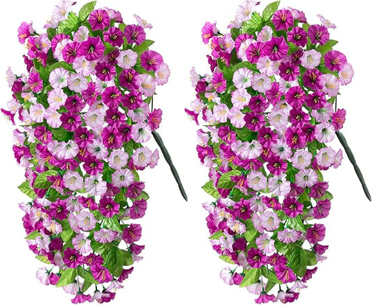 Artificial Fake Hanging Flowers Plants for Outdoor Decoration, 2PCS Faux Silk Morning Glory Long Vines Stems UV Resistant Look Real for Outside Home Porch Patio(Violet)
