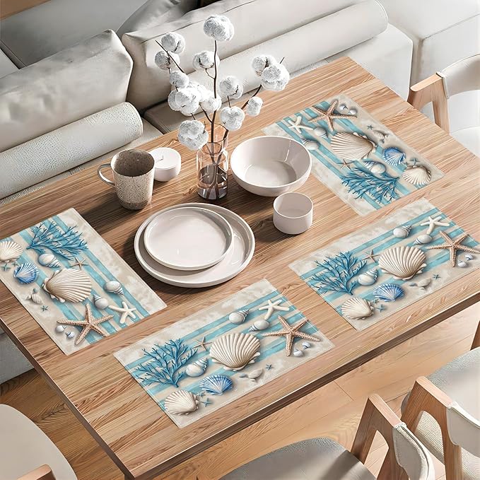 Summer Sea Shell Placemats Set of 6, Coastal Starfish Place Mats, Rustic Summer Ocean Dining Table Mats, Washable Placemats for Kitchen Dining Room 18L'' × 12W''