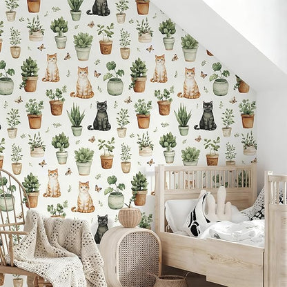 Peel and Stick Modern Cute Animal Wallpaper Removable Cat Potted Plants 17.7" x 118.11" Wall Paper Watercolor Self Adhesive Contact Paper for Classroom Bedroom Laundry Room Bathroom