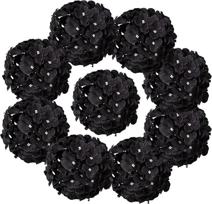 Flojery Black Silk Hydrangea Heads Artificial Flowers Heads with Stems for Home Wedding Decor,Pack of 10(Black)