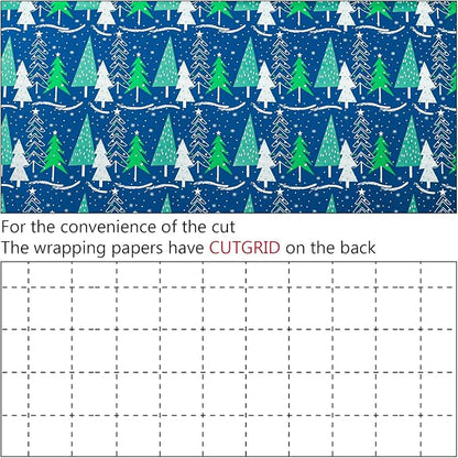 MAYPLUSS Christmas Tree Wrapping Paper Roll - 17 Inch X 33 Feet - Shine Metallic Navy Blue Elegant Christmas Tree Snow Winter Gift Wrap Paper Sheet for Holiday, Hanukkah, Festive Decoration