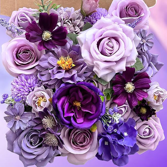 ASTRYAS Artificial Flowers Combo Purple Flowers Mix Silk Flowers Peony Dahlia Roses with Stems for DIY Bridal Wedding Shower Decorations Faux Floral Arrangements Party Centerpieces Home Decor Indoor