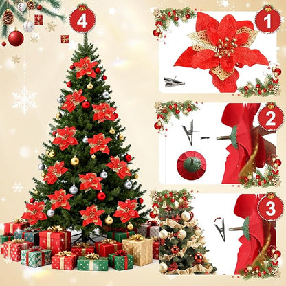 24 Pcs Christmas Poinsettia Flowers Artificial with Clips, 5.9" Christmas Decor Glitter Poinsettia Flowers for Christmas Tree New Year Wedding Party Wreath DIY Garland Decor (Red)