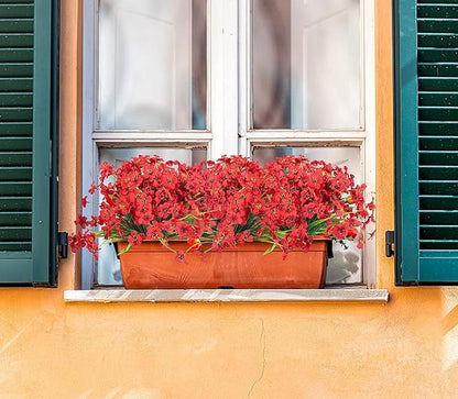 Ouddy Decor 12 Bundles Artificial Flowers for Decorations Fake Silk Plants for Outdoors UV Resistant Faux Plastic Greenery Stems for Garden Porch Window Box Home Spring Decor, Red