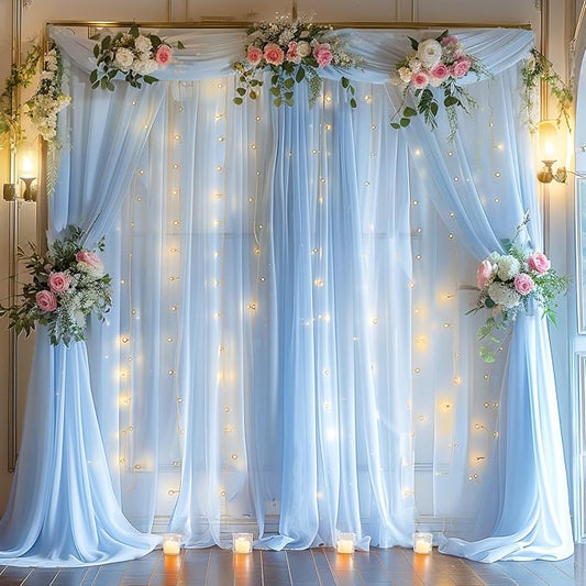 20ft x 10ft Blue Backdrop Curtain with Lights String for Parties, Sheer Tulle Wedding Photo Backdrops Drapes for Baby Shower Birthday Party Decorations Background for Photography