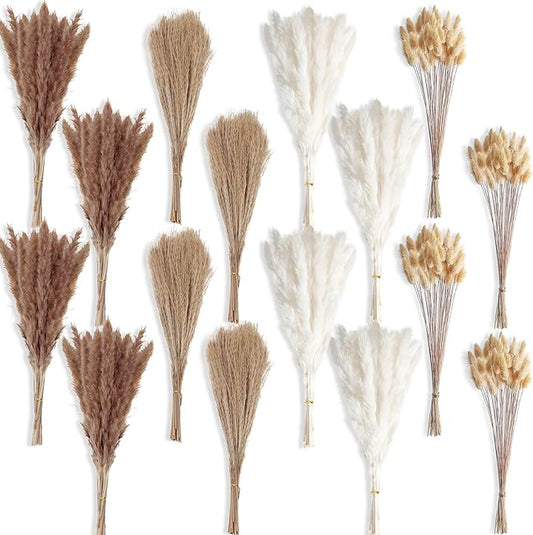 400 PCS Small Boho Pampas Grass, 17" Naturally Dried Pompas, Pampas Grass Decor for Wedding , Boho Party Decorations, Table Decor（Brown and White）