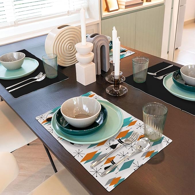 Mid Century Placemats, Modern Minimalist Art Abstract Geometric Atomic Star Explosion Black Cat Print Washable Fabric Placemats Table Kitchen Dining Party 12x18 Inch Set of 4