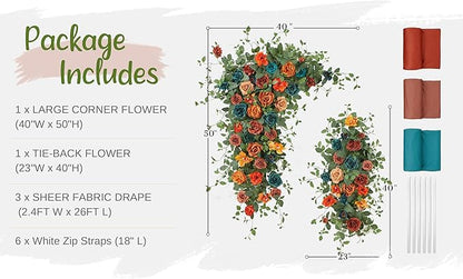 Wedding Arch Flowers with Drapes Kit (Pack of 5) - 2pcs Artificial Teal Orange Fall Deluxe Swag with 3pcs Sheer Drapes for Wedding Ceremony Arbor Reception Backdrop Rose Floral Decoration