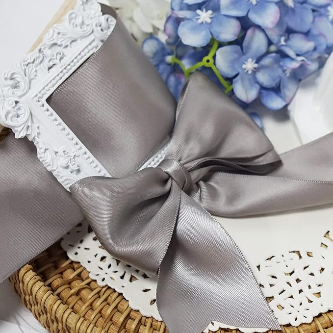 Double Face Silver Satin Ribbon 2 inch X 25 Yards Polyester Silver Ribbon for Gift Wrapping Very Suitable for Weddings Party Invitation Decorations and More