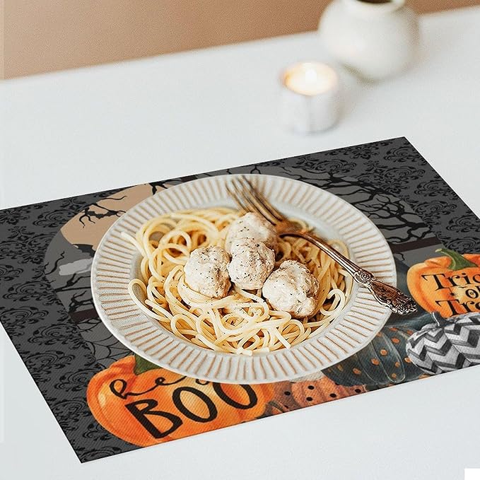 Boo Black Cat Pumpkins Halloween Placemats Gothic Dark Damask Bat Spider Web Dark Forest Funny Pumpkin Placemats Table Kitchen Dining Party 12x18 Inch Set of 4