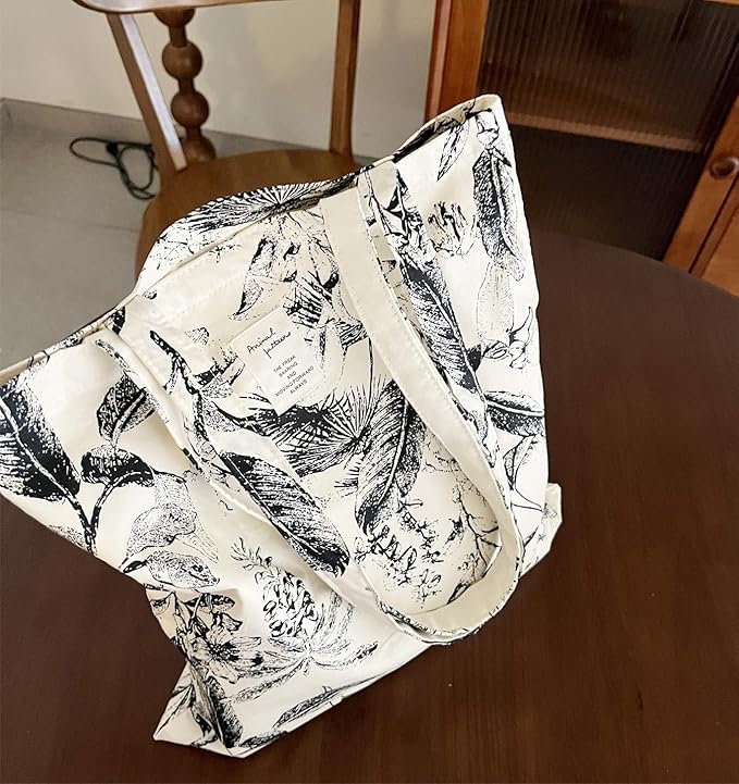 Cotton Canvas Tote Bag Reusable Soft Grocery Cloth Bag Floral Shoulder Bag for Beach Travel Shopping
