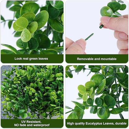 HyeFlora Artificial Plants for Outdoors Outside Spring Summer Decoration, 12 Bundles Faux Eucalyptus Leaves Stems Bulk Fake Greenery Branches Look Real UV Resistant for Home Porch Patio Planter Yard