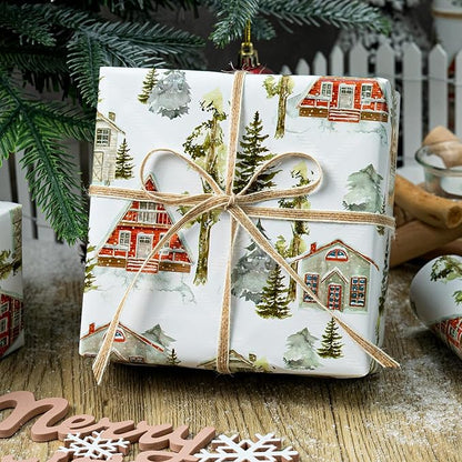 MAYPLUSS Christmas Wrapping Paper Roll - 17 In x 33 Feet - Cute Watercolor Christmas Tree Log Cabin Gift Wrap Paper for New Year, Holiday, Kids