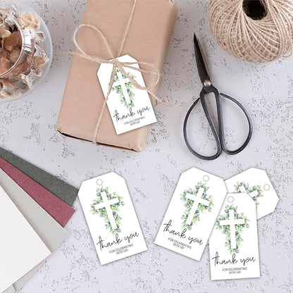 Thank You for Celebrating with Us Tag, 50 Pcs Baptism Lables, 2x3 Inch Baptism Gift Tags with String for Wedding Birthday Baby Shower Bridal Shower, Party Decoration, Cross Eucalyptus-A03
