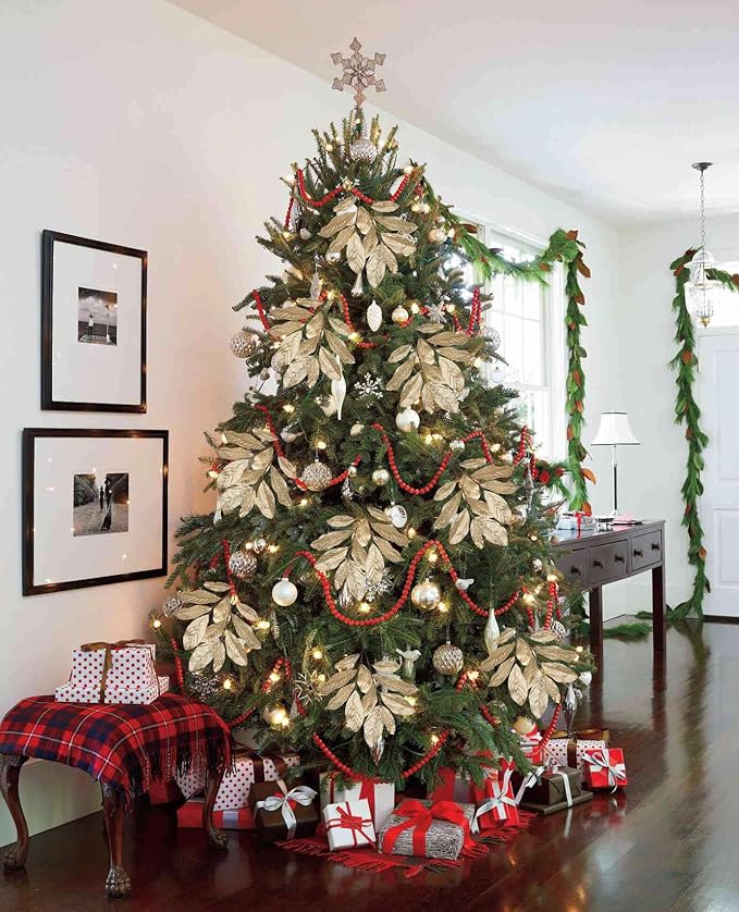 Champagne Christmas Glitter Magnolia Leaves Spray, 31inch Christmas Tree Picks and Sprays, Artificial Glitter Stem Ornaments for Christmas Tree Garland Wreath Centerpiece, 3PCS