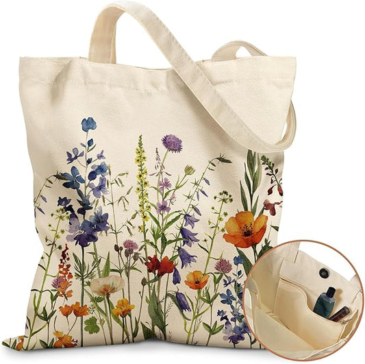 Aesthetic Tote Bag for Women- with Magnetic Buckle and Zipper Inner Pocket Cloth Cotton Canvas Tote Bags