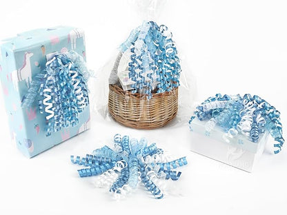 HUIHUANG Blue Bows for Gift Wrapping Blue and White Curly Bows with Self Adhesive & Twist Tie, 7 inch Gift Bow for Presents, Gift Basket, Baby Shower, Christmas Decor, Party Favors- 6 Counts