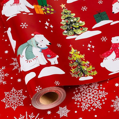 MAYPLUSS Christmas Wrapping Paper Roll - 17IN X 33FT - Red Gift Wrap Paper Featuring Christmas Tree Polar Bear Scarf Hat Reversible Snowflake for Kids, Holiday, New Year