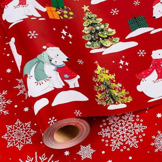 MAYPLUSS Christmas Wrapping Paper Roll - 17IN X 33FT - Red Gift Wrap Paper Featuring Christmas Tree Polar Bear Scarf Hat Reversible Snowflake for Kids, Holiday, New Year