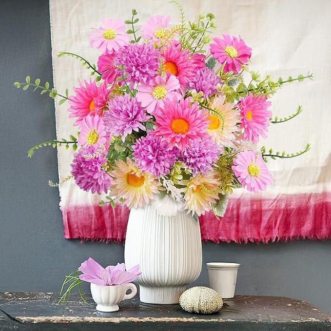 Daisy Flowers Artificial Silk Gerbera Daisy Fake Outdoor Bouquet Realistic Bulk WildFlowers Sunflower Bushes Pink Floral Arrangements Fall Cemetery Flowers for Grave Funeral Garden Home Multicolor