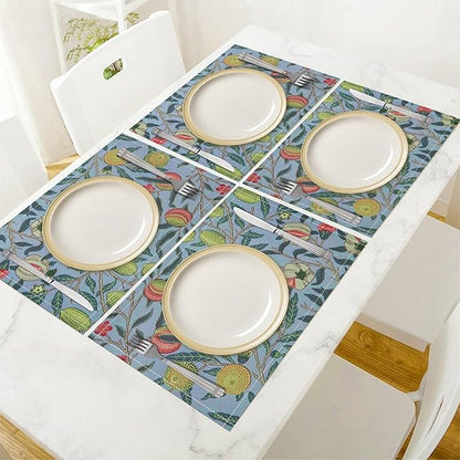 Vintage Fruit Placemats Set of 6, William Morris Retro Boho Flower Botanical Plant Place Mats, Heat Resistant Non Slip Cotton Linen Dining Table Mats for Home Kitchen Party 18x12 Inch