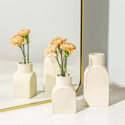 Ceramic Ribbed Vases - 2 Piece Set, Small and Large Vase, Bottle Flower Planter Set. Scandi Style Home Decor. Neutral Cream Home Decor, Coastal Decor for Home, Centerpiece for Table