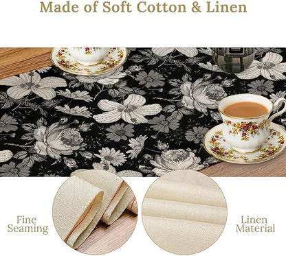 Black Floral Table Runner, Abstract Vintage Black White Floral Plants Leaves Boho Dark Gothic Garden Table Runner for Indoor Outdoor Party Wedding Decor, 13x120inch