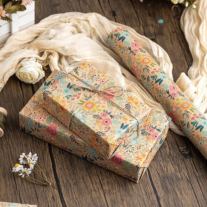 MAYPLUSS Colorful Floral Kraft Wrapping Paper Roll - 17Inch x 33Feet - Garden Boho Floral Gift Wrap Paper Spring Summer Blooms Sheet for Wedding, Bridal Shower, Birthday and Engagement