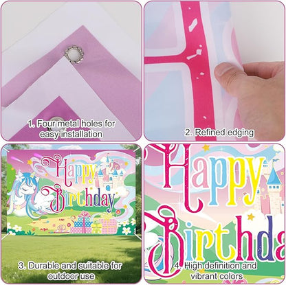 Unicorn Birthday Backdrop Banner, 150x100cm/59x39.37 Inch Happy Birthday Cartoon Theme Decoration Rainbow Unicorn Background Banner Photo Props for Party Girl Kid