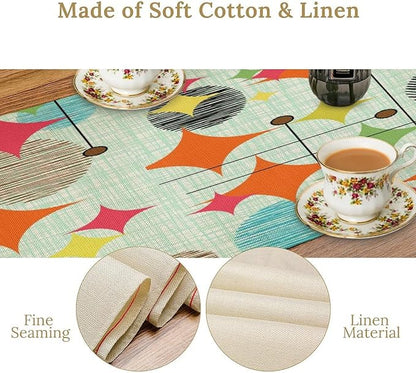Mid Century Table Runner,Abstract Retro Modern Geometric Colorful Stripe Pattern Print Tablecloth Burlap for Hotel Indoors Outdoor Dining Room Kitchen Holiday Party, 13x108in