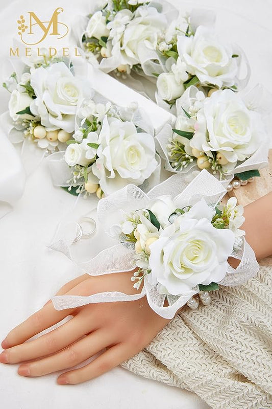 Meldel White Wrist Corsage for Women Bride Bridesmaids Wedding, Set of 6, Artificial Rose Corsages Wristlet for Prom Suit Accessories Bridal Shower Mother Homecoming Flowers Party Ceremony Anniversary