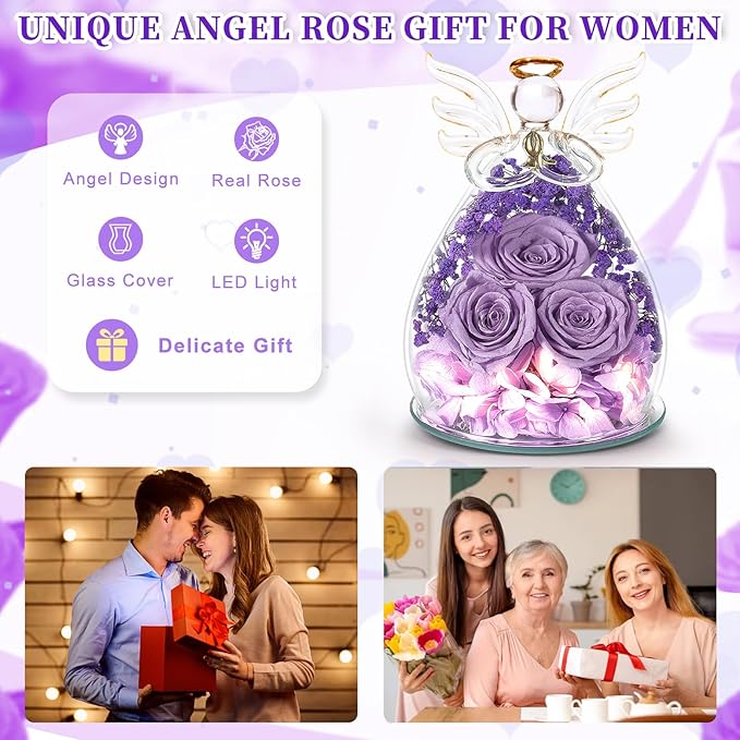 Beferr Christmas Birthday Gifts for Women, Mom Gifts for Christmas Fresh Flowers for Delivery Prime Forever Preserved Rose in Glass Angel, Xmas Gifts for Grandma Wife Sister Her, Lavender Purple