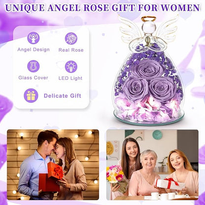 Beferr Christmas Birthday Gifts for Women, Mom Gifts for Christmas Fresh Flowers for Delivery Prime Forever Preserved Rose in Glass Angel, Xmas Gifts for Grandma Wife Sister Her, Lavender Purple