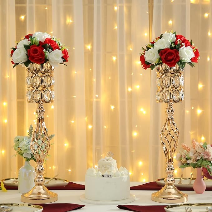 Set of 10 Metal Diamond Crystal Wedding Centerpiece Vases for Tables, 24in Gold Versatile Tall Flower Holders Centerpiece Flower Stands for Wedding Party Reception Dining Room Living Room Décor
