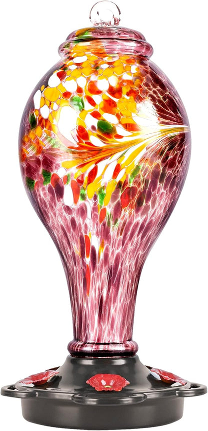 LUJII Hand Blown Glass Hummingbird Feeder for Outdoors Hanging with Ant Guard, 36 fl.oz, Leak Proof & Rustproof, Metal Base with 5 Feeding Ports & 5 Perches, Unique Garden & Backyard Decor (Purple)