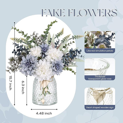 Der Rose Fake Flowers in Vase Silk Artificial Navy Blue Flowers Arrangements with Glass Vase for Dinning Coffee Table Centerpieces Home Kitchen Farmhouse Wedding Decor