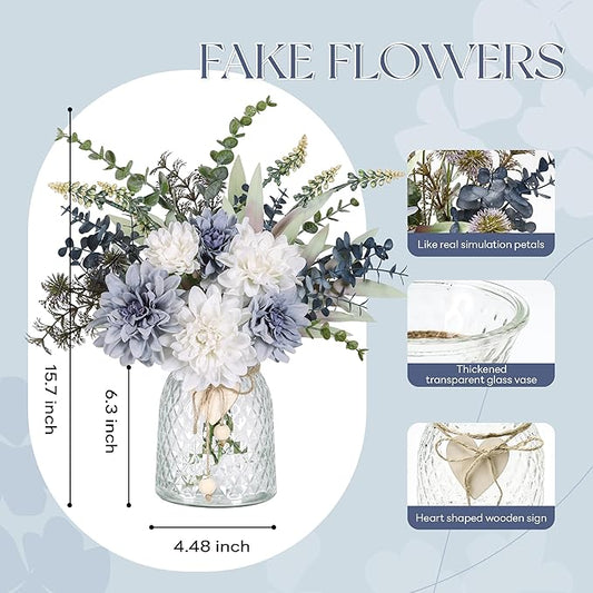 Der Rose Fake Flowers in Vase Silk Artificial Navy Blue Flowers Arrangements with Glass Vase for Dinning Coffee Table Centerpieces Home Kitchen Farmhouse Wedding Decor
