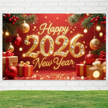 2026 Happy New Year Banner 71x43 Inch Red Gold Christmas Ball Holiday Party Wall Decoration Glitter Photo Backdrop for Indoor Countdown Celebration Home Event and Festive Background Display