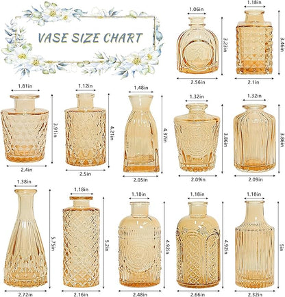 12pcs Glass Bud Vase Set, Small Gold Amber Flower Vases for Centerpieces in Bulk, Mini Vintage Vase for Wedding, Home,Table Decoration