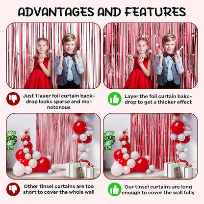 2 Pack Red Foil Fringe Backdrop Curtains, Tinsel Streamers Birthday Party Decorations, Fringe Backdrop for Graduation, Baby Shower, Gender Reveal, Disco Party